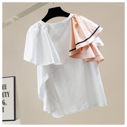 Women's T Shirts Sweet Tridimensional Irregular Multi-Layer Ruffled Color Contrast Round Neck T-shirt Women's Fashion Summer Top White