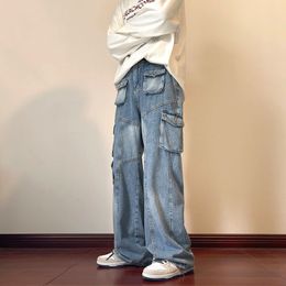 Men's Jeans Men Blue Cargo Hip Hop Patchwork Multi Pockets Buttons Casual Straight Denim Pants Streetwear Moopping Trousers 220927
