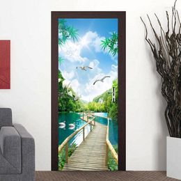 Wallpapers Wood Bridge Nature Landscape 3D Mural PVC Door Sticker Living Room Bedroom Self-adhesive Waterproof Wallpaper Home Decor