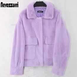 Womens Fur Faux Fur Nerazzurri Purple Blue Short Light Soft Faux Fur Coat Women Long Sleeve Pockets Womens Fall Fashion Plus Size Furry Jacket 220927