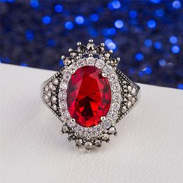 Vintage Red Blue Rhinestone Adjustable Engagement Ring Women Crystal Luxury Retro Copper Plated Thai Silver Finger Jewellery Female Wedding Accessory