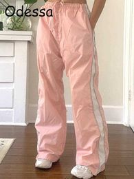 Women's Pants Capris Odessa 2022 Casual Drawstring Pants Cargo Women Pink Stripe Loose Joggers Baggy Wide Leg Sweatpants High Waist Hippie Harem Pant T220926