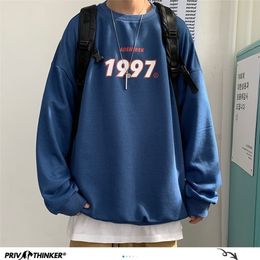 Men's Hoodies Sweatshirts Privathinker Men Oversized Hoodies Warm Fleece Casual Sweatshirts Harajuku 1997 Printed Men Blue Hoodies Korean Women Pullovers 220926