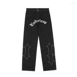 Men's Jeans Men's Harajuku Retro Letter Embroidery Pattern Washed Ripped Pants For Men And Women Casual Straight Black Loose Denim