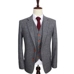 Mens Suits Blazers Wool Retro Grey Herringbone Tweed British style custom made Mens suit tailor slim fit Blazer wedding suits for men 3 piece 220927