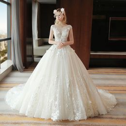 Scoop Neck A Line Wedding Dresses Backless 3D Lace Appliqued Cap Sleeves Sweep Train Bridal Gowns Vestidos De Marriage