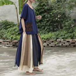 Skirts FairyNatural Ladies Vintage Pleated Elastic Waist Women Cotton Linen Chinese Style 2022 Summer Patchwork Colour