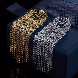 Cluster Rings Luxury Zircon Pure 925 Sterling Silver Chain Tassel Round Cuff Finger Ring Design Long Women Wedding