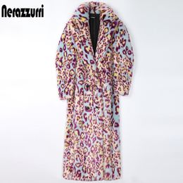 Womens Fur Faux Fur Nerazzurri Winter Leopard Long Colorful Soft Warm Thick Fluffy Furry Faux Fur Trench Coat for Women Runway European Fashion 220927