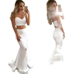 Two Piece Prom Dresses Mermaid Front Slit Satin Floor Length Sweetheart Neckline Custom Made Simple Evening Gowns Party