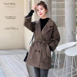 Women's Wool Women Woolen Coat 2022 Autumn Winter Korean Fashion Double Breasted Mid-Long Basic Coats Sashes Black Jacket W