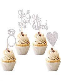 Party Decoration He Asked She Said Yes Cupcake Toppers Diamond Ring Heart Cake Picks for Wedding Engagement Party Decorations