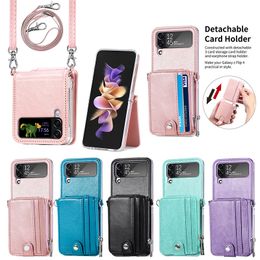 Crossbody Lanyard Wallet Cases with Card Holder 2 in 1 Detachable Zipper Kickstand PU Leather Protective Phone Case Cover for Samsung Galaxy Z Flip 4 3 5G Z Flip4