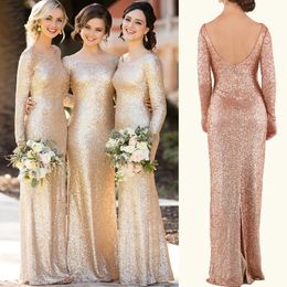 Scoop Neck Sequined Lace Bridesmaid Dresses Long Sleeves Floor length Bohemian Country Mermaid Junior Maid of Honour Wedding Party Dress