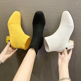 Boots Stretch Sock For Women Shoes Square Heel Yellow Knitting Elastic Cottton Lady Footwear