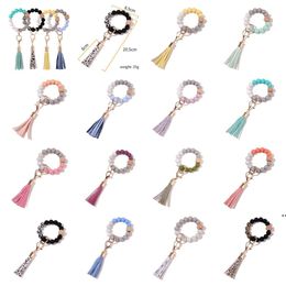 tassels wood bead keychain Silicone Beads Bracelet Party Favour Leather key ring Food grade silicon Wrist Keychains Pendant JNB15795