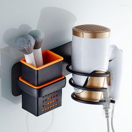 Hooks Aluminium Hair Dryer Holder Self-adhesive Bathroom Shelf With Basket Wall Mounted Hairdryer Storage Rack Blower Organiser