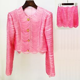 New Arrive Hot Fashon Novel Style Jackets Women's Tassel Short Jacket Coat with Skirt Pink Black Two Pieces Sets