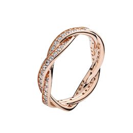 Rose Gold Twisted Lines RING Authentic Sterling Silver Wedding Jewellery For Women Girls with Original Box for Pandora CZ diamond engagement Stacking Rings