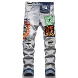 Ripped Patch Embroidered Men's Jeans Slim Fit Stretch Destroyed Hole Print Pants Urban Retro Hip-hop Streetwear Pantalones