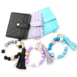 Fashion PU Leather Bracelet Wallet Keychain Party Favor Tassels Bangle Key Ring Holder Card Bag Silicone Beaded Wristlet Keychains Handbag FY3399 GC1109