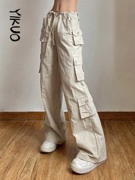 Women's Pants Capris YIKUO Pocket Patchwork Straight Pants Light Khaki Low Rise Baggy Casual Cargo Pants for Women Harajuku 2000s Jogging Overalls T220926