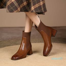 Boots Square Head French Thick Heel Short Boots Women Brown Knitting Women Fashion Boot