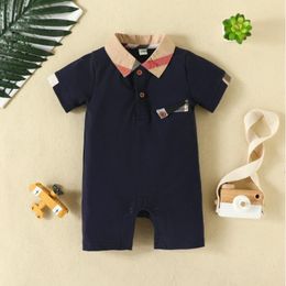 Lovely Baby Boys Girls Plaid Rompers Summer Newborn Cotton Jumpsuits Toddler Short Sleeve Onesies Turn-down Collar Infant Romper