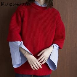 Womens Sweaters Kuzuwata Winter Clothes Women Red Colour O Neck Pullover Short Sleeve Pull Femme Literary Vintage Jumpers 220923