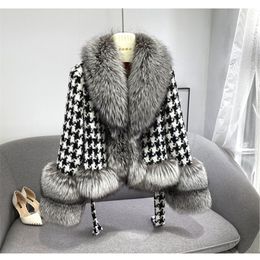 Womens Fur Faux Real Coat Winter Jacket Women Natural Collar silver color Belts Thick Warm Luxury Plaid Outerwear Streetwear 220926