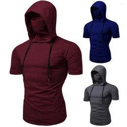 Men's Hoodies Drawstring Hooded Men Shirt Solid Colour Face Cover Short Sleeve Top All Match Anti-shrink Sports For Outdoor Jogging