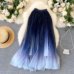 Skirts Bling Fairy Starry Metallic Aline Long Tulle Skirts Gradient Color Lush Puff Maxi Lpng Mesh Skirts 220924