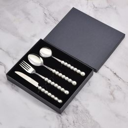 Flatware Sets GIEMZA 4PCS/set Luxury Pearl Cutlery Knife Fork Spoon Rhinestones Stainless Steel Dessert Steak Tableware Gift For Girl