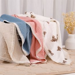 Blankets Swaddling Double Layer Muslin Squares Cotton Baby Blankets Lace born Blanket Babies Accessories Plaid Born Item Bedding Mother Kids 220927