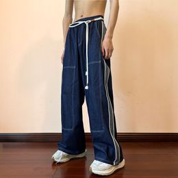 Men's Jeans Men Wide Leg Side Striped Denim Cargo Pants Chic Patchwork Straight Baggy Hip Hop Neutral Trousers 220927