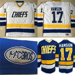 Gla Mit #17 Steve Hanson Charlestown Men's Hanson Brother Slap Shot Stitched Embroidery Movie Hockey Jerseys Blue White