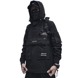 Men's Jackets Spring Streetwear Black Combat Multi Pockets Techwear Hooded Windbreaker Jacket Men 220927
