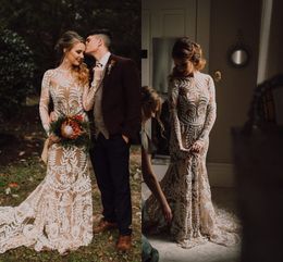 Champagne Bohemian Mermaid Wedding Dresses 2023 Rue de Seine Long Sleeve Lace Applique Backless Country Beach Bridal Gown