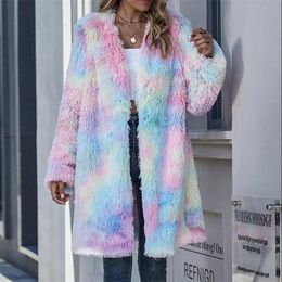 Womens Fur Faux Fashion tiedye printing Autumn Long Winter Coat Woman Women Warm Ladies Jacket Female Plush Plus Size 220927