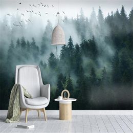 Wallpapers Milofi large non woven wallpaper mural Nordic minimalist smoke landscape birds forest living room bedroom background wall 220927