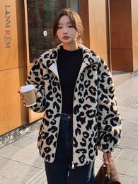 Womens Fur Faux Fur LANMREM Leopard Print Lamb Wool Coats Womens Long Sleeves Loose Zipper Fashion Coat Autumn Winter Warm Clothing 2R7696 220927