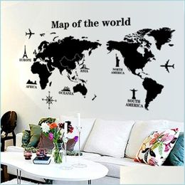 Pegatizas de pared Black International World Map Diy Vinyl Pegatinas de pared Niños Love Decor Home Office Art Decals Creative 3D Wallpaper Deco Dhmyj