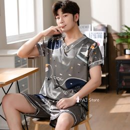 Men's Sleepwear Summer Pyjamas 3XL Men Silk Satin Pullover Shorts Two Piece Set Sleepwear Man Pyjama Home Clothes Nightwear Men Sleep Lounge 220924