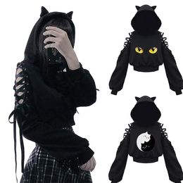 Women's Hoodies Sweatshirts Women Long Sleeve Hoodies Kawaii Cat Ears Hoodie Gothic Punk Harajuku Cold Shouler Bandage Gothic Black Sweatshirts 220926