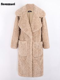 Womens Fur Faux Fur Nerazzurri Winter Long Oversized Thick Warm Fuzzy Fluffy Soft Faux Fur Coat Women Pockets Lapel Luxury Designer Furry Overcoat 220927