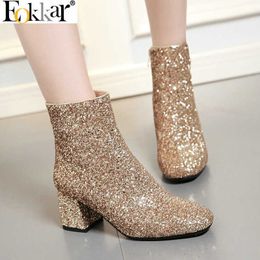 Boots Eokkar 2020 Women Glitter Ankle Boots Square High Heel Sparkly Short Boots Winter Sequins All Match Ladies Booties Size 34-43 T220926