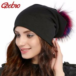 BeanieSkull Caps Geebro Brand Womens Beanie Hat Casual Cotton Pompom Beanies Hats Raccoon Fur Pompon Skullies Balaclava For Women JS294 220927