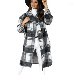 Women's Trench Coats Women's Winter Plaid Woollen Long Coat Lady Sleeve Button Lapel Casual Warm Windbreaker Femme Single-Breasted