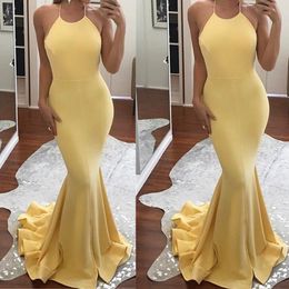 Yellow Mermaid Prom Dresses Simple Soft Satin Sexy Halter Neck Backless Long Party Dress Evening Wear Custom Vintage