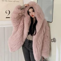 Womens Fur Faux Biyaby Luxury Women Winter Warm Hooded Coat Streetwear High Quality ry Jacket Fashion Pink Thick Fake Overcoat 220927